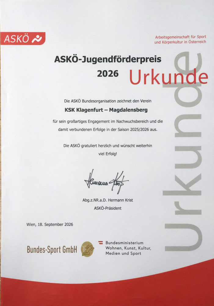 ASKÖ Jugendförderpreis 2026 - Urkunde
